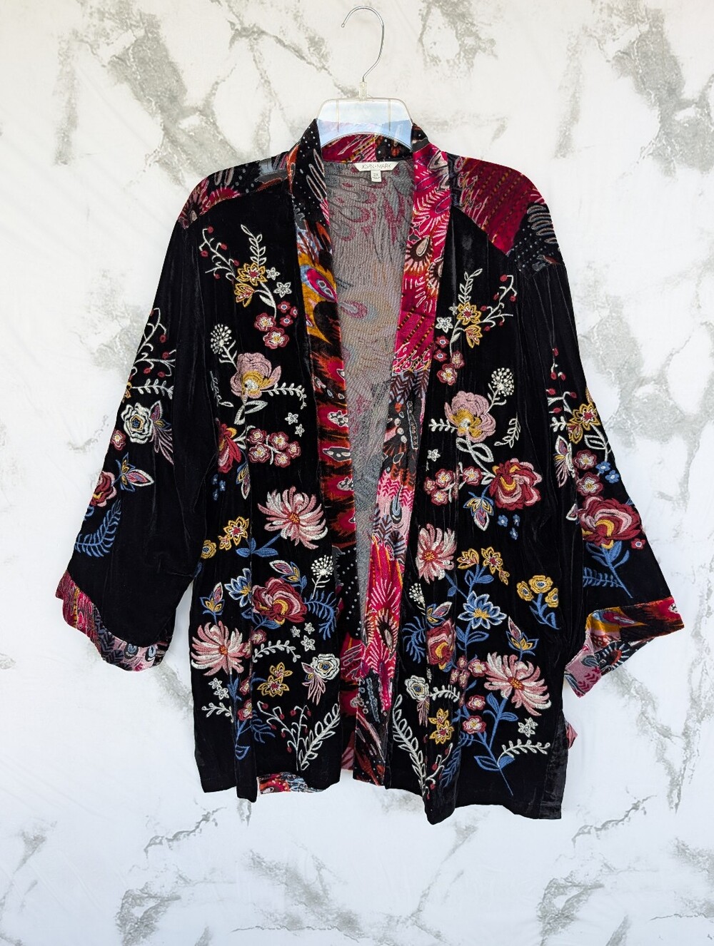John Mark Velour Velvet Floral Embroidered Black Multicolor Open Front Kimono 2X